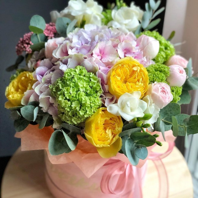 Flowers in a box №2 - hydrangea, viburnum, peony roses, freesia